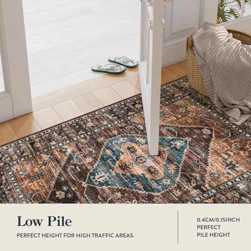 Lahome 2x4 Washable Entryway Runner Rug - Non-Slip Ultra-Thin Stain Resistant Kitchen Rugs, Oriental Print Carpet Runner for Hallway Bedroom Laundry Room Adelyn - color: Dull Teal, size: 2' x 4' (Rectangular)