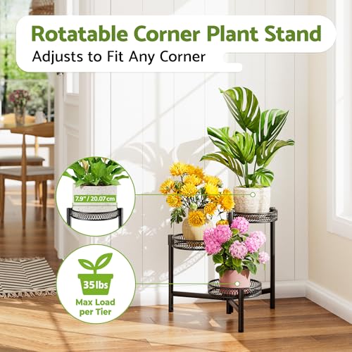 3 Tier Metal Plant Stand Indoor Outdoor, Corner Tall Plant Shelf for Multiple Plants, Foldable Heavy Duty Plant Holder, Decoration Flower Pot Stand for Patio Living Room Balcony Garden - BlackFlower - color: BlackFlower, size: 3-tiers