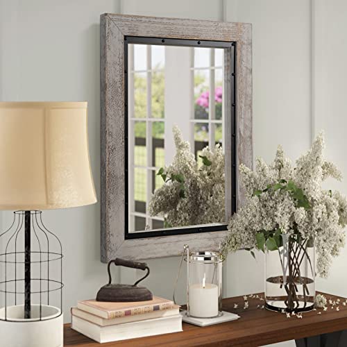 YOSHOOT Rustic Wooden Framed Wall Mirror, Natural Wood and Iron Bathroom Vanity Mirror for Farmhouse Decor, Vertical or Horizontal Hanging, 60" x 30", Grey - color: White Grey, size: 60"L x 30"W
