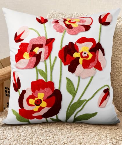 Embroidered Throw Pillow Cover - 18x18 Decorative Pillow Cover with Zipper Aesthetic Cute Design Boho Spring Summer Cozy Throw Pillowcase for Living Room Couch Sofa Bed, Rose Flowers - color: Rose Flowers, size: 18" x 18" (Pack of 1)
