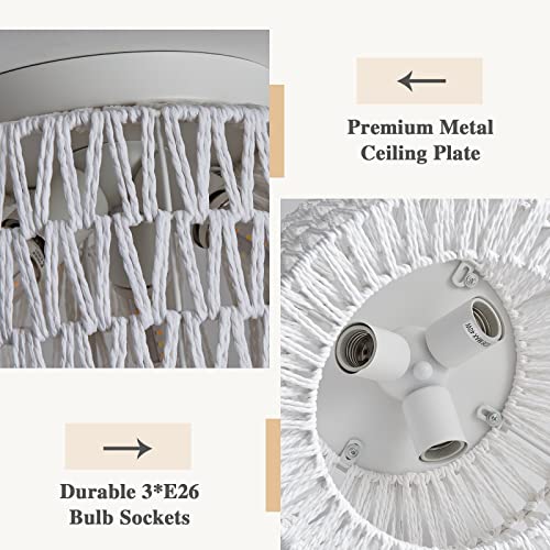 Rattan Light Fixtures Ceiling Mount, 3-Lights Boho Flush Mount Ceiling Light, Hand-Woven Cage Shade Lamp Lighting, Rustic Rattan Chandelier for Hallway Bedroom Kitchen Farmhouse Foyer Entryway (White) - color: White, size: Small