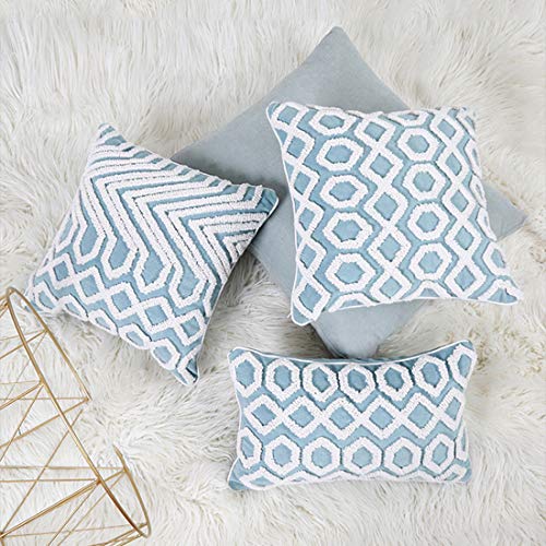 vctops Boho Tufted Geometric Throw Pillow Covers Decorative Small Lumbar Textured Cushion Cases Pillowcase for Bed Sofa Couch Chair Car Home Decor (Blue and White Hexagon, 12"x20")