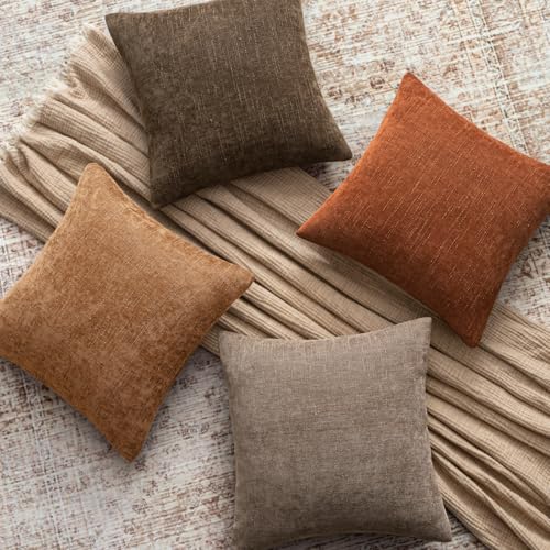 Set of 2 Textured Throw Pillow Covers Decorative Soft Accent Square Chenille Pillowcases Neutral Farmhouse Cushions Modern Home Decor for Couch Sofa Bedroom Living Room 18x18 Inch,Chocolate - color: Chocolate, size: 18" x 18" (Pack of 2)