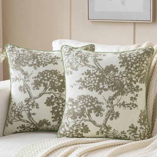 Mantle & Mason Floral 18x18 Throw Pillow Covers Set of 2, French Vintage Woven Jacquard Decorative Accent Pillow Cases for Couch, 430GSM Thick Chenille & Luxury Velvet, Sage Green - color: Tree Pattern Sage Green, size: 18" x 18" (Pack of 2)