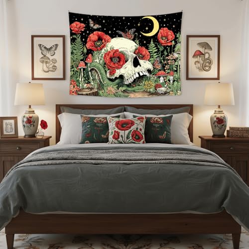Accnicc Floral Skull Tapestry Vintage Flower Gothic Skeleton Tapestries Wall Hanging Mushroom Butterfly Plant Snake Horror Small Tapestry for Bedroom Living Room Dorm 48 x 36 inch - color: Red Green, size: 48"L x 36"W