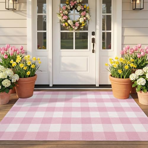 Spring Pink and White Plaid Rug, 3' x 5' Cotton Blend Layered Doormat Rug for Front Door, Hand-Woven Washable Entryway & Porch Decor - color: Light Pink and White, size: 3' x 5'