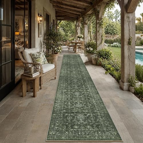 2x14 Green Runner Rug Hallway Washable Area Rugs Kitchen Vintage Boho Non Slip Long Rug Floral Carpet Indoor Retro Soft Low Pile Throw Rug for Bedroom Bathroom Laundry Dining Living Room Office - color: Dark Green, size: 2' x 14' (Runner)