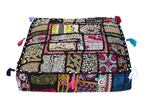 CRAFT KALA Indian Square Patchwork Traditional Pouf Cover Indian Living Room Poufs Decorative Embroidered Designer Ottoman Home Living Footstool Chair Cover Decor Pillow Cover 18x18x5 inches, Black - color: Black, size: 18"D x 18"W x 5"H