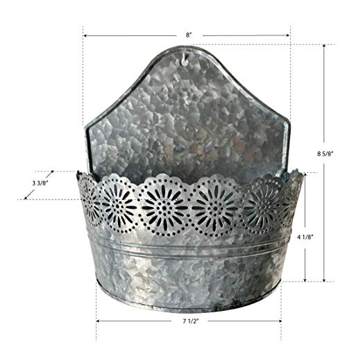 Lily's Home Indoor Outdoor Wall Mounted Planter with Floral Accents for Succulents, Cacti, Herbs, Faux Plants, Galvanized Metal. Plants Not Included