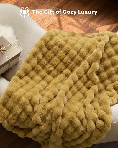 Ultra Soft Cozy Faux Fur Throw Blanket, Fuzzy Plush Thick Bubble Blanket, Oversize Luxury Fluffy Blanket for Couch, Sofa, Bedroom, and Living Room,50x60 Inches, Dark Yellow - color: Bubble Dark Yellow, size: Throw