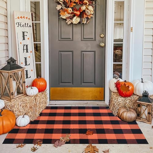 Fall Plaid Area Rug 3x5 Ft, Orange and Black Buffalo Check Large Farmhouse Cotton Rug, Hand-Woven Washable Indoor Outdoor Carpet for Halloween Thanksgiving Autumn Porch Patio Decor - color: Orange & Black, size: 3' x 5' (Rectangular)