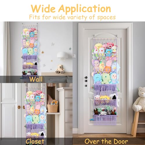 5 Tier Stuffed Animal Storage Shelf Net, 17x61 Inch Large Plushie Net w/LED Light & Clips for Mini Medium Stuffy Teddy, Purple Boho Macrame Wall Toy Holder Display for Nursery Kids Girls Boys - color: Light Purple, size: Large-5 Tier-17x61 Inch