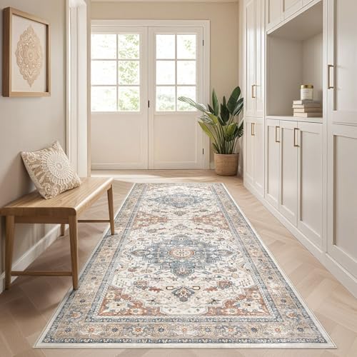 Runner Rug Kitchen Washable Rugs: 2x6 Non-Slip Boho Vintage Distressed Stain Resistant Indoor Neutral Farmhouse Throw Carpet for Hallway Bathroom Laundry Room Entryway Bedroom- Beige Blue - color: Beige Blue, size: 2' x 6' (Runner)