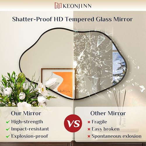Keonjinn Black Irregular Mirrors for Wall 48" x 24" Inch, Asymmetrical Metal Frame, Tempered Glass Decorative Mirror for Bathroom, Bedroom, Living Room, Entryway(Horizontal/Vertical) - color: Black, size: 24"L x 48"W