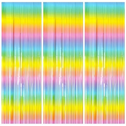 3 Pack Backdrop Pastel Rainbow Foil Fringe Backdrop Curtains Dance Party Decorations Photo Booth Props for Bachelorette Easter Decorations Christmas Halloween New Years Eve Party Supplies - color: Colorful