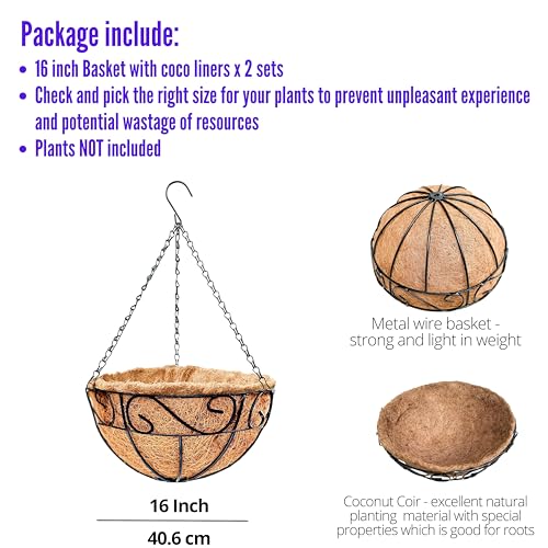 LaLaGreen Hanging Planter for Outdoor Plants (16 Inch, 2 Pack) Hanging Baskets with Coco Liner, Black Metal Wire Flower Basket Pots with Hook Hanger Balcony Porch Farmhouse Country Style Garden Decor - size: 16" x 2 Pack