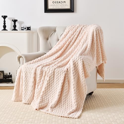 PLEASANT BOULEVARD Fleece Throw Blanket for Couch with 3D Turtle Shell Jacquard Soft Blanket, Fuzzy Blanket for All Seasons 60x80 Inches, Beige - color: Beige, size: 60x80in
