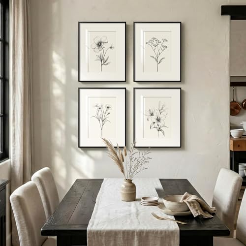 Framed Black and White Botanical Wall Art, Set of 4 Piece Vintage Minimalist Neutral Floral Prints Painting, Farmhouse Rustic Flower Artwork for Bedroom Living Room Fireplace Kitchen Walls, 11x14 Inch - color: Black and White, size: 11" W x 14" H x 4pcs