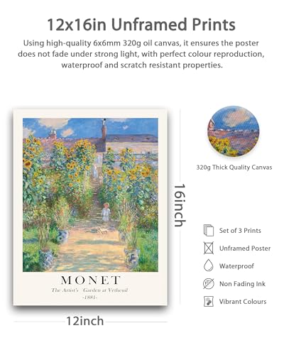 HesenDot Unframed Claude Monet Posters Set of 3, 12x16in Vintage Landscape Canvas Prints, Impressionism Paintings Wall Decoration for Living Room Bedroom Gallery Office Home, Unframed - color: Unframed Claude Monet, size: 16"L x 12"W