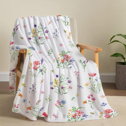 Colorful Wildflowers Throw Blanket Botanical Plant Bed Blanket Watercolor Floral Flower Blankets Soft Flannel Fleece Throw Blanket Boho Cozy Fluffy Plush Blankets 50" X 60" - color: Wildflowers, size: 50" X 60"