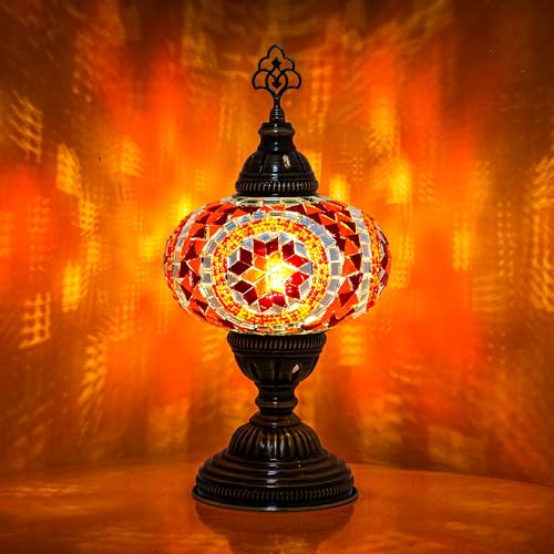 Turkish Mosaic Desk Lamp with Bulb – Orange Red Tiffany-Style Glass, Vintage Bohemian Bedside & Salon Decorative Light with E12 Socket & US Plug - color: Orange Red