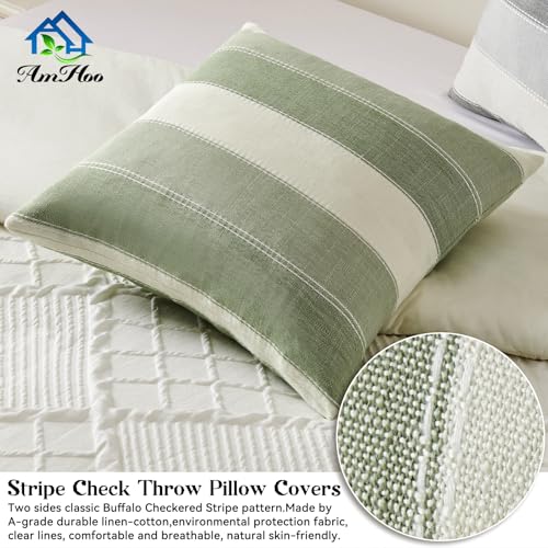 AmHoo Pack of 2 Farmhouse Stripe Check Throw Pillow Covers Set Case Cotton Linen Decorative Pillowcases Cushion Cover for Couch Bench Sofa 18x18 Inch Sage Green - color: Sage Green, size: 18" x 18" (Pack of 2)