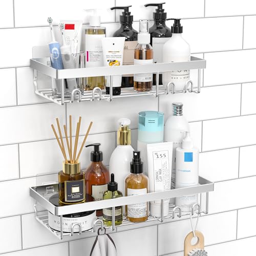 Moforoco Shower Caddy Shelf Organizer Rack, Self Adhesive Black Bathroom Shelves Basket, Home Farmhouse Wall Inside Organization and Storage Decor Rv Accessories, First Camper Apartment Essentials - color: Silver, size: Medium