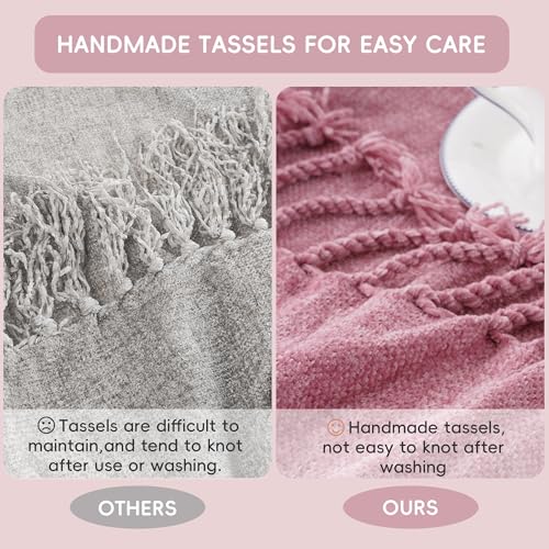 BATTILO HOME Pink Chenille Throw Blanket for Couch, Soft Cozy Textured Knit Throw Blanket with Handmade Fringe Tassels, Lightweight Decorative Farmhouse Blanket for Sofa Bed Chair, 50"x60" - color: Blush