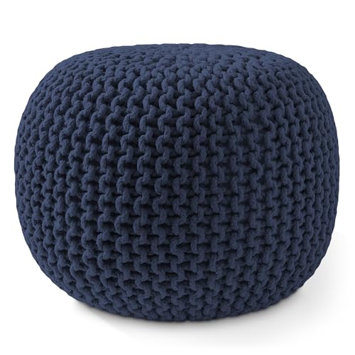 Casafield Round Pouf Ottoman, Navy Blue - 20" Diameter x 14.5" High Cotton Knit Foot Stool - Boho Floor Pouffe for Living Room, Bedroom, Home Office - color: Navy Blue, size: 20"D x 20"W x 14.5"H