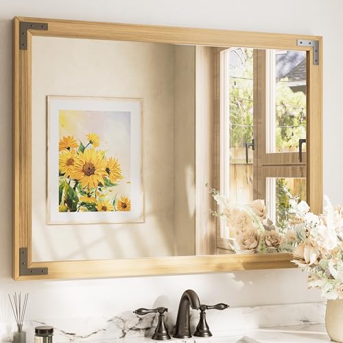 TETOTE 40 x 30 Natural Wood Mirror for Bathroom Wall/Bedroom/Living Room/Entryway Farmhouse Rustic Bathroom Vanity Mirror Waterproof (Horizontal/Vertical Mounted) - color: Wood, size: 30"L x 40"W