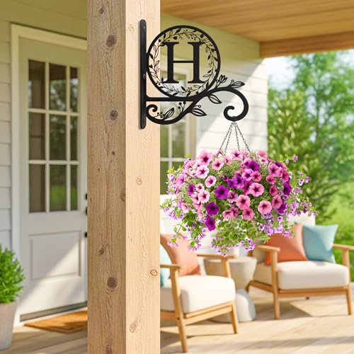 Metal Initial Letter H Plant Hanger Bracket, Decorative Wall Mount Hanging Plant Hook, Monogram Floral Leaf Garden Decor for Hanging Baskets, Bird Feeders, Lanterns, Wind Chimes - style: H