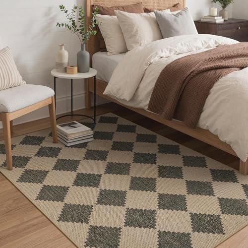 Bavni Checkered Easy Jute Rug,5x7 Area Rug Machine Washable Non Slip Woven Plaid Carpet, Geometric Diamond Non Shedding Low Pile Modern Farmhouse Floor Mat for Living Room, Bedroom, Dining Room - color: Checkered-3, size: 5X7