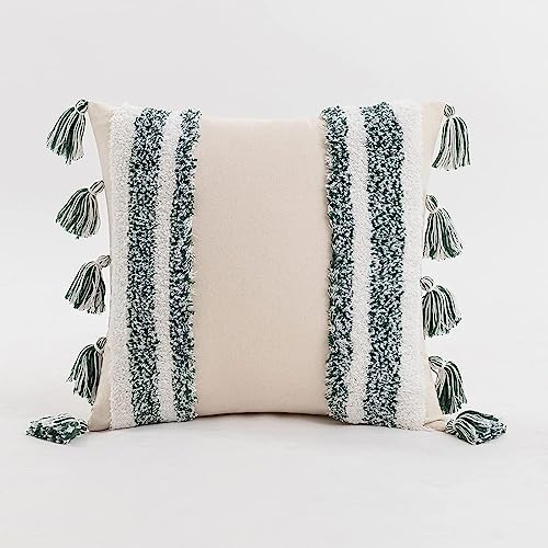 Boho Tufted Throw Pillow with Tassels, Country Thick Striped Style Soft Cushion Cover Decor wuth Zipper for Chair Bed Couch Living Room (Green,18" x 18") - color: Green, size: 18 x 18-Inch