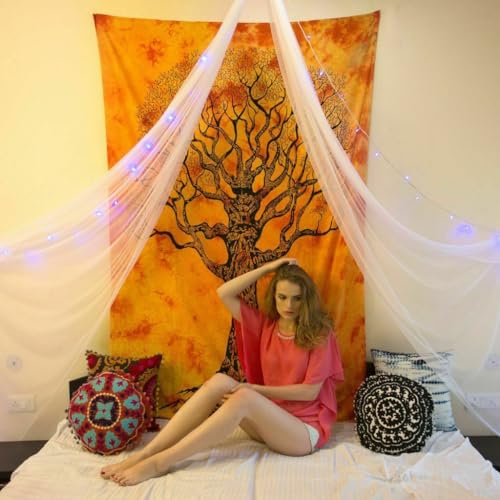Indian Mandala Tree of Life Window Curtain Handmade Cotton Door Curtains Dorm Decor Tapestry Balcony Wall Drapes Window Treatment Door Cover Wall Panels Wall Sheer Blackout 82X52 Inch - color: Coral Color, size: 52"W x 82"L (Pack of 1)