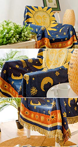 Erke Moon and Sun Throw Blanket Celestial Chair Recliner Cover Bed Spread Hippie Room Decor, Double Sided Cotton Woven Sofa Couch Furniture Aesthetic Witchy Throws - 50" X 70", Yellow/Blue - size: 50" x 70"