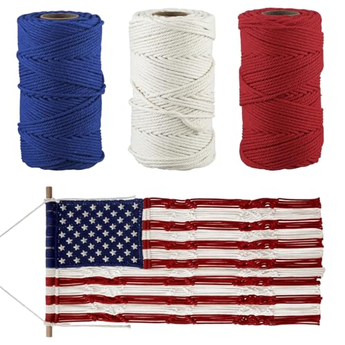 Timgle 3 Pack 4th of July Macrame Cord Kit, 4 mm x 109 Yards Red White Blue Natural Cotton Rope Patriotic Macrame String for American Flag Wall Hanging Independence Day Decor, Beginner Adult Knitting