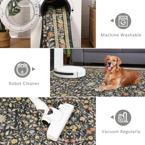 Area Rug for Living Room Ultra Thin Washable Floral Area Rug Non-Slip Boho Flower Carpet - Soft Indoor Throw Rug for Girls Room, Nursery, Playroom - color: Black, size: 10' x 13' (Rectangular)