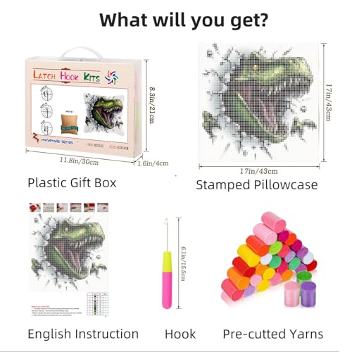 DIY Latch Hook Pillow Kits Green Dinosaur Printed Pillowcase Crochet Yarns Hooking Handmade Pillow Cover Cushion for Home Sofa Decoration 17x17inch-6 - color: 10-Green Dinosaur
