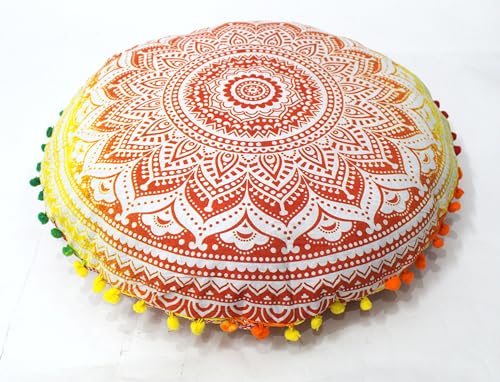 Round Mandala Floor Pillow Cover Seating Cushion Throw Cover Hippie Decorative Bohemian Ottoman Pouf Cover, Pom Pom Pillow Cases,Boho Indian 32 Inches Orange Ombre - color: Orange/Yellow, size: 32" Round