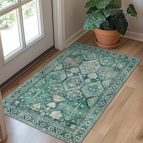 Bavni 2x3 Entryway Rug Bathroom Rugs for Front Door Bedroom Bathroom Kitchen, Washable Vintage Print Carpet, Ultra-Thin Chenille Lightweight Rug with Non Slip Backing, Dark Green - color: Dark Green, size: 2' x 3' (Rectangular)