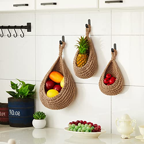 Honeydak Boho Decor Hanging Wall Baskets for Kitchen 3 Pack Teardrop Baskets with Hooks Storage Fruit Onion Vegetable Potato for Home 3 Sizes(Linen,Teardrop,Jute) - color: Linen, size: Jute, style: Teardrop