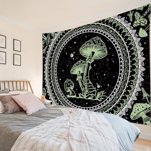 SCECALA Green Mushroom Tapestry Boho Mandala Pattern with Green Mushroom Wall Tapestry Black and White Star Wall Hanging for Bedroom Living Room Teen Dorm Party Home Decor 60x40 Inch - color: Green, size: 40"L x 60"W