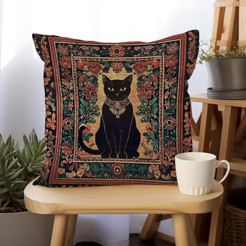 YOU FOUND ME William Morris Abstract Vintage Black Cat Design Throw Pillow Cover Home Decor, Art Decor Pillowcase Cushion Cover for Bed Sofa Living Room, Indoor and Outdoor 18x18inch (Black Cat5) - color: Black Cat5