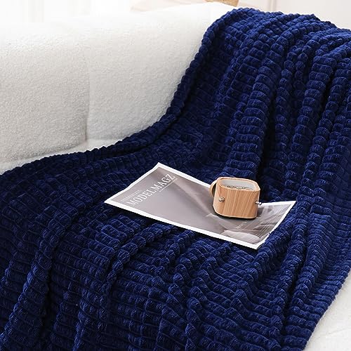 Puncuntex Flannel Fleece Throw Blanket Navy Blue 50"×60",Super Soft Plush Cozy Blanket with 3D Jacquard Square Grid Design Luxury for Couch Sofa Chair,Dark Blue - color: Navy Blue, size: 50"×60"