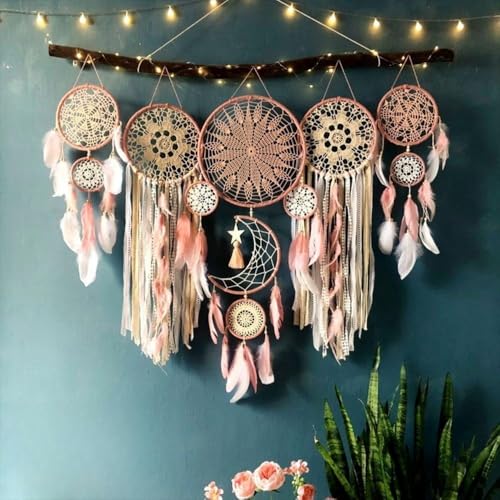 5 Pack Bohemian Ornaments,Dreamcatcher Gift Boho Native American Decor, Handmade Dreamcatcher for Girls, Boys, Adults, Kids Room,Witchy Gifts (Pink) - color: Pink