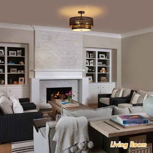 Modern Black Linen Drum Semi Flush Mount Ceiling Light with Pierced Design, Perfect Lighting Fixture for Bedroom, Dining Room, Kitchen, Living Room, or Hallway Chandelier Lamp - color: Black
