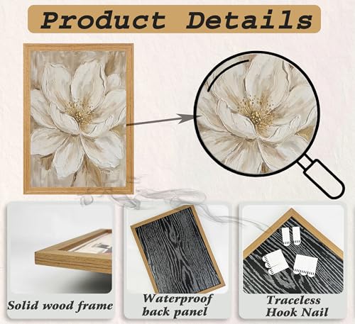 Framed White Flower Wall Art, Abstract Floral Canvas Print Poster, Neutral Boho Flowers Botanical Wall Decor for Living Room Bedroom, Minimalist Home Decoration, - color: White flowers, size: 24"L x 16"W
