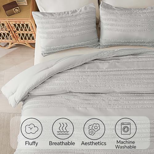 BEDELITE Boho Comforter Set Queen Size, Light Grey Tufted Striped Bed Set 3 Pieces, Soft Vintage Farmhouse Comforter for All Seasons, Boho Home Decor,Fluffy Jacquard Bedding with 2 Pillow Shams - color: Light Grey, size: Queen