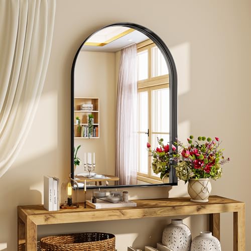 26" x 38" Luxury Arched Bathroom Mirror - Arch Wall Mirror with Shatterproof Tempered Glass and Metal Deep Frame, Hanging or Leaning for Living Room, Dresser, Entrance and Hallway, Black - color: Black, size: 38"L x 26"W