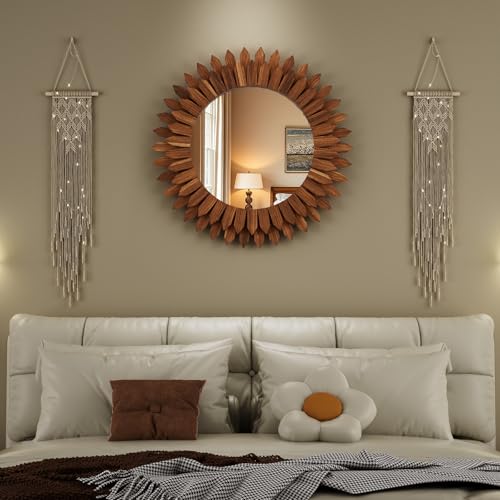 28 Inch Walnut Boho Wall Decor Sunburst Mirror - Round Wooden Wall Decor, Handmade Rustic Circular Mirror for Living Room, Bedroom, Entryway, Office - color: Walnut, size: 28"L x 28"W